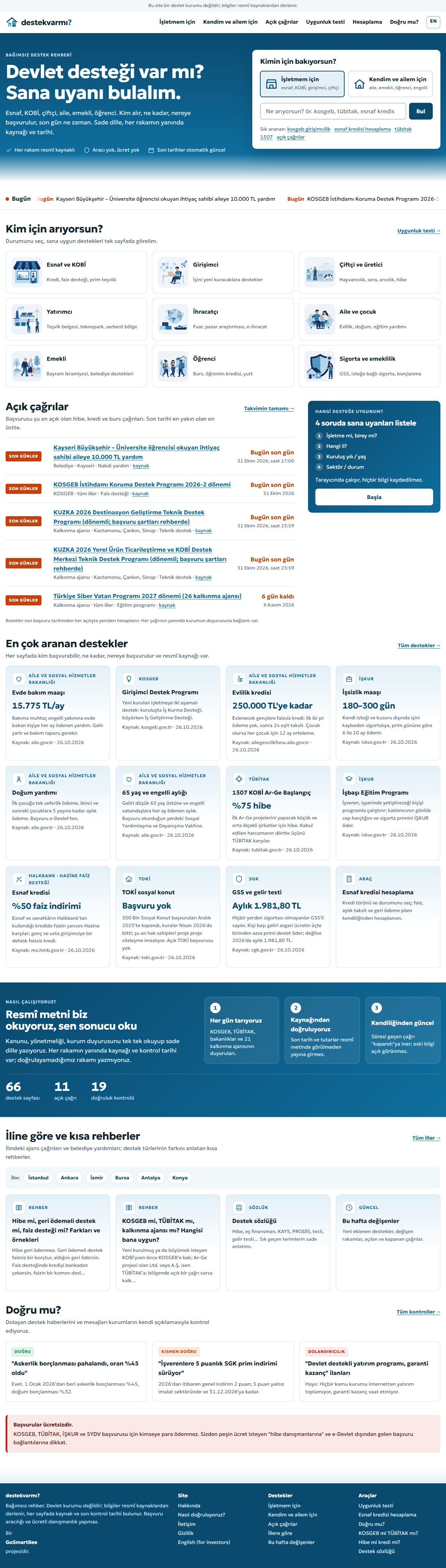 destekvarmi.com — 4 soruda uygunluk testi, açık çağrılar, son gün takibi