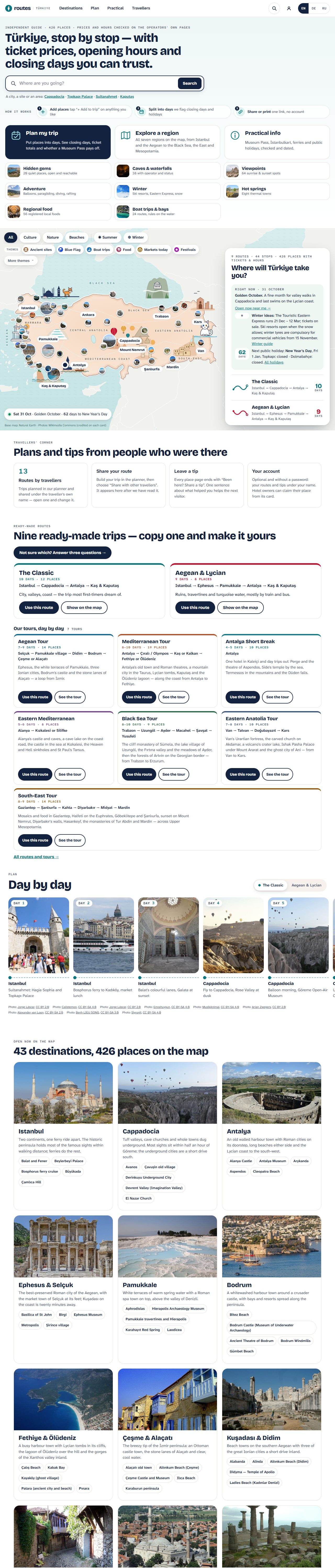 turkeyroutes.com — 43 destinasyon, haritada 426 yer, 9 hazır rota